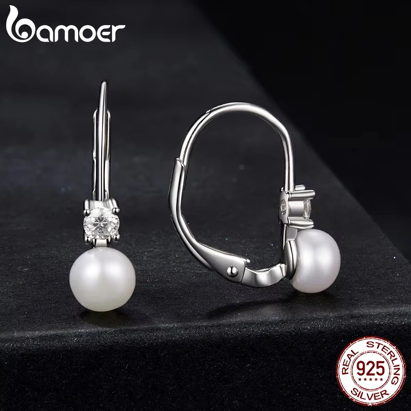 BAMOER Platinum Plated Moissanite Freshwater Pearl Earrings for Women, Round Cut Lab Diamond 925 Silver Hypoallergenic Earrings