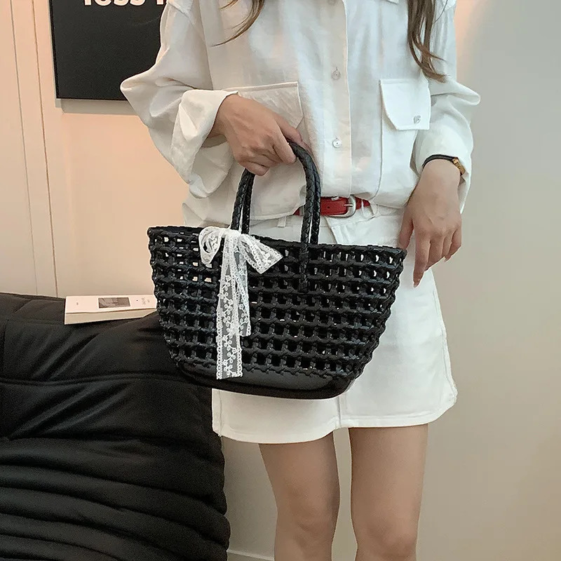 Womens PVC Candy Color Woven Handbag Causal Tote Bags Fashion Large Capacity Vegetable Basket Bag Plastic Handle Beach Bag 250605