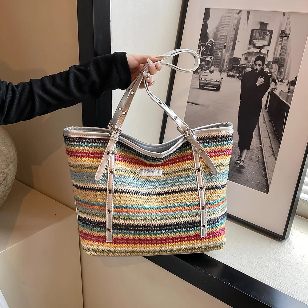 Trendy Woven Shoulder Bag Women Raffia Boho Bag Large Straw Bag Rattan Crochet Handbag Summer Beach Tote Bags For Women 250530