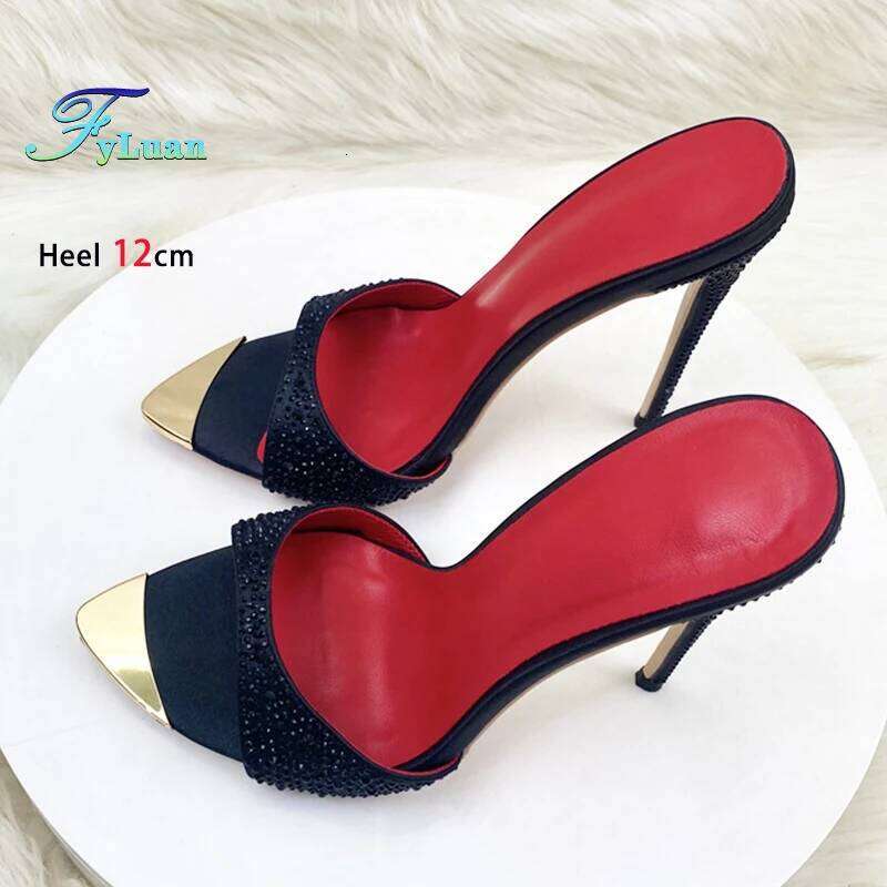 Women Rhinestone Stiletto Slippers Summer Party Shoes 12CM Black Pointed Toe Sandals For Ladies High Heels Mules Size 46