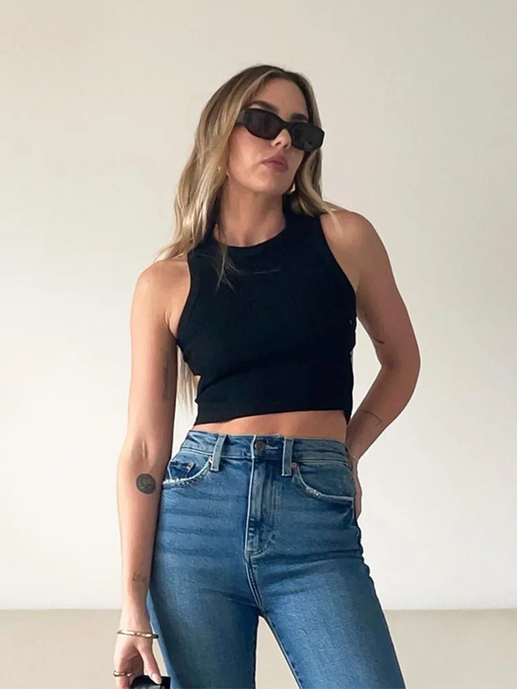 Summer Solid Color Sleeveless T Shirt Womens Side Hole Knitted Tops Knitted Tops Basic Wear Streetwear 250605