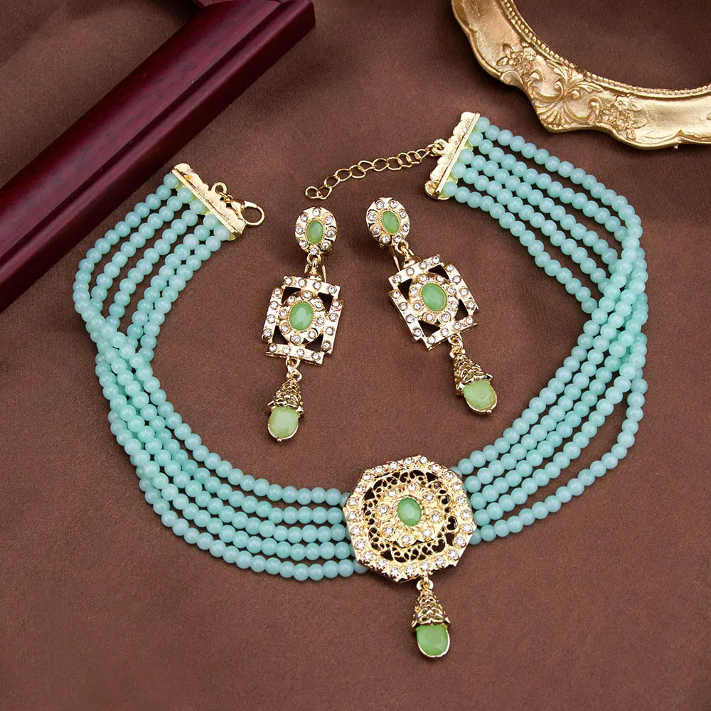 Sunspicems Algeria Beads Choker Necklace String Neck Chain Square Earring For Women Morocco Caftan Jewelry Arabic Bridal Bijoux 250530