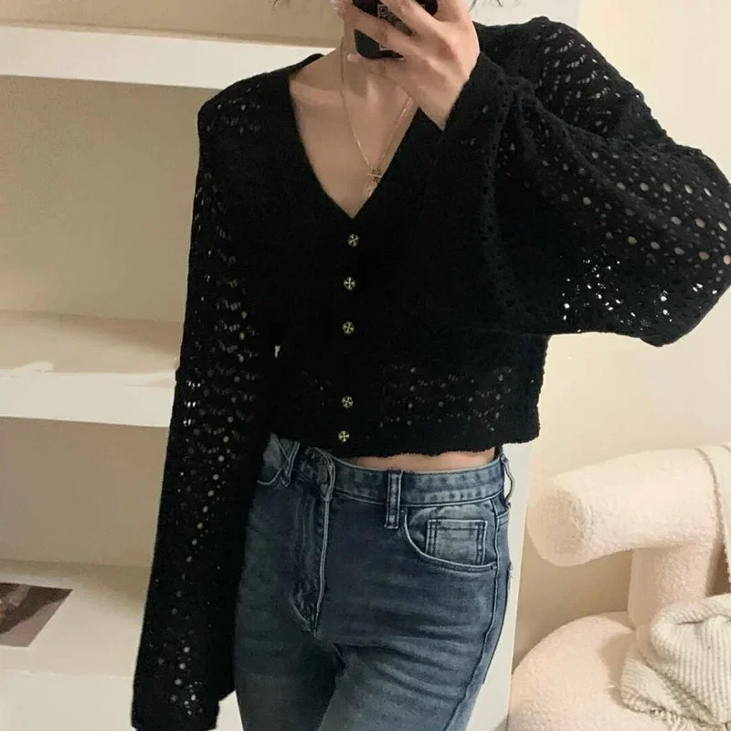 2025 Chic Korean Fashion Short Cardigans Knitted Poncho Women Summer Elegant Vintage Minimalist Lady Tops 250530