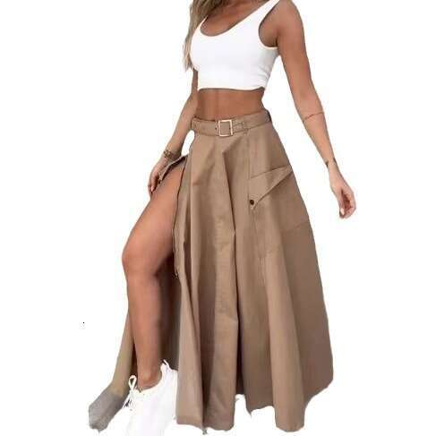 Women's Elegant Sleeveless Vest And Solid Color Slit Belted Skirt Two-Piece Set B5
