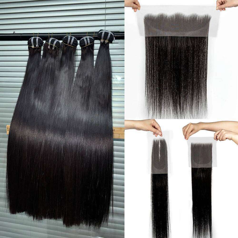 2X6 Transparent Frontal with Bone Straight Vieamese Raw Human Hair Bundles Double Drawn Lace Closure