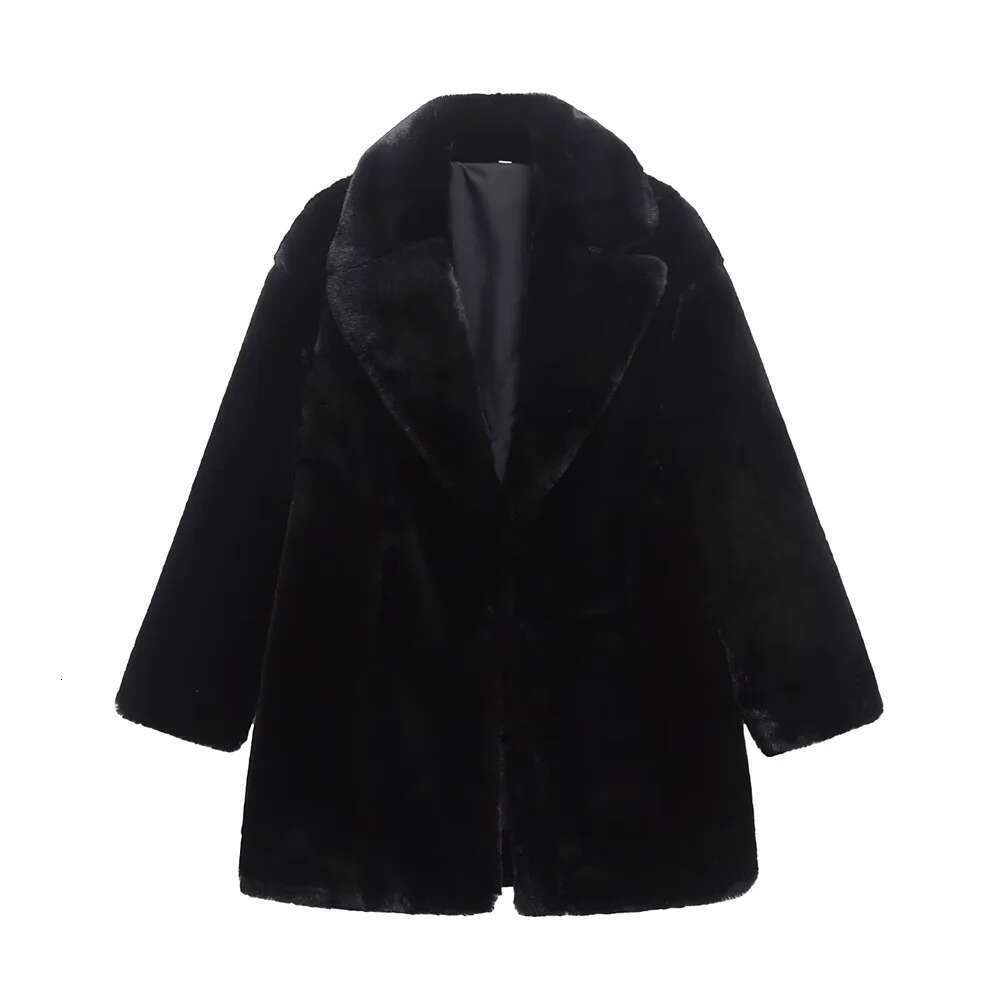 BMURHMZA women's lapel sleeved faux loose and versatile long winter new item solid color warm fur coat