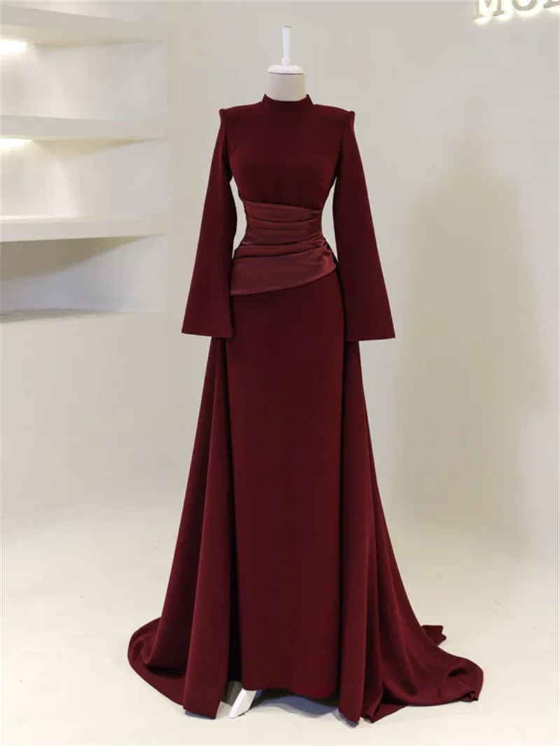 Modest Crepe Long Evening Dresses Muslim High Collar Satin Pleats Sheath Prom Dresses Full Sleeves Formal Prom Gowns Customized