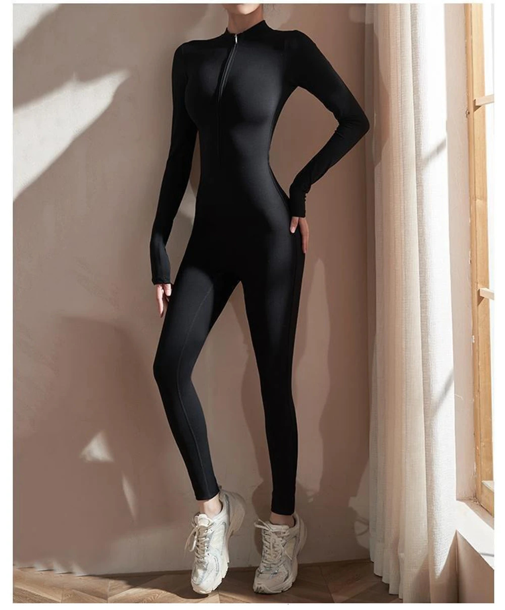 Womens Jumpsuits Long Sleeve Yoga Slim Fit Stretch One Piece Romper Sexy Fitness Female Black Basic Sportswear Tight Zipper 250603