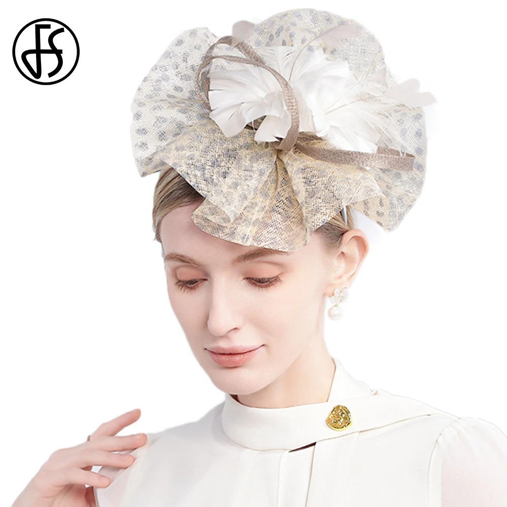 FS White Sinamay Fascinators Hats With Feather Summer Vintage Pillbox Hat For Women Elegant Cocktail Tea Party Headwear 250604