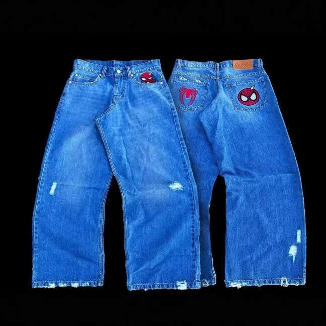 Trendy Spider Embroidered Jeans for Men High Street Design Straight Harajuku Style Hip-Hop Floor-Length Pants