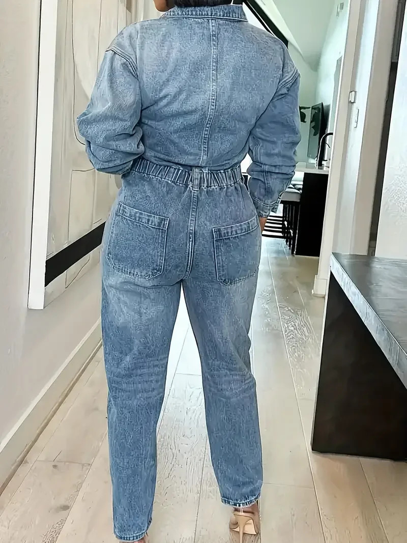 Womens Slim Fit Denim Jumpsuit - Long Sleeve Sexy Button Front with Pockets Casual Streetwear Outfit 250530
