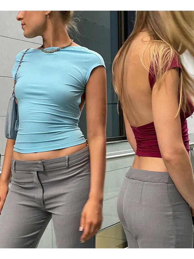 Short Sleeve Backless Top Multi Ways Wear 2025 Skinny Basic Summer Slim Cropped Cut Out Sexy T Shirt Crop 250527