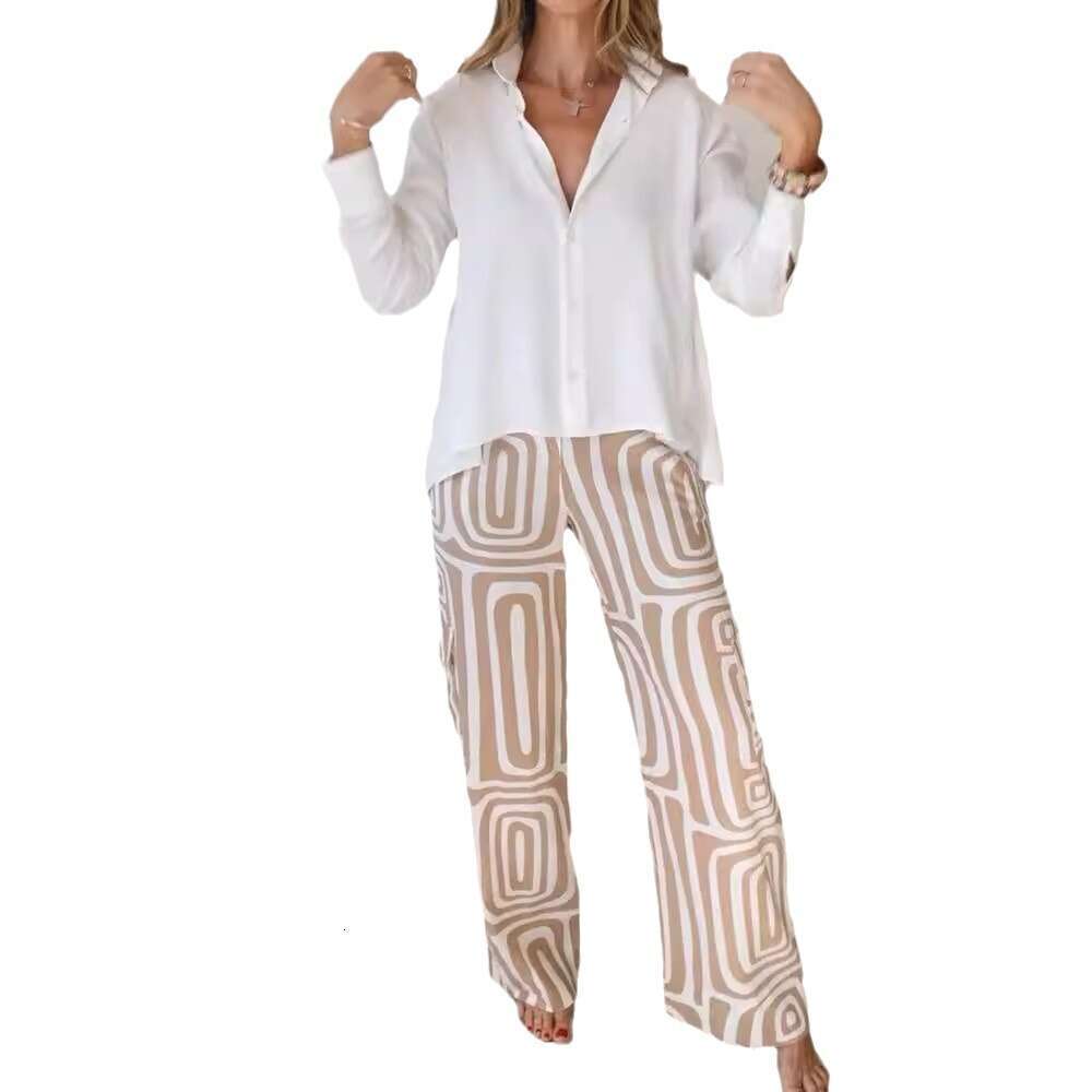 Casual Outfit Women's Digital Print Commuter Shirt Loose Fit Long Pants Two-Piece Set B5
