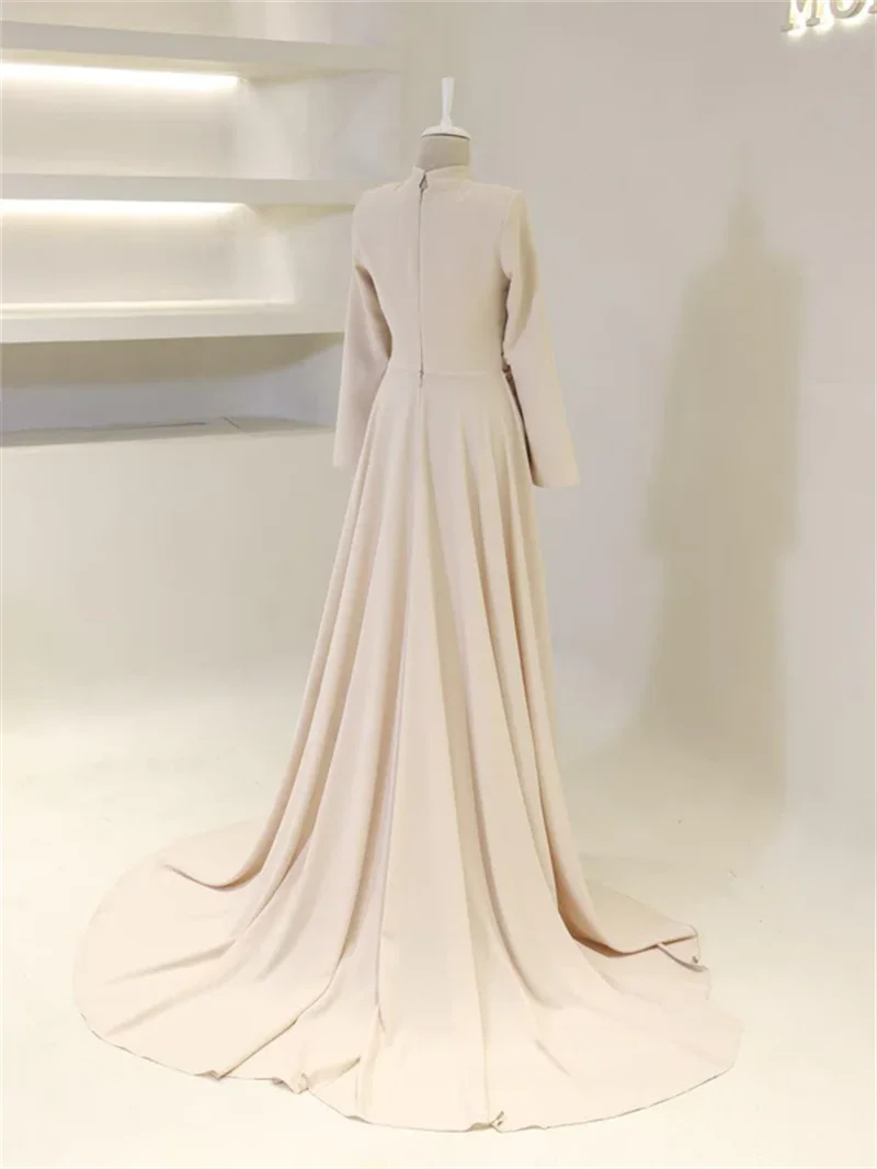 Modest Crepe Long Evening Dresses Muslim High Collar Satin Pleats Sheath Prom Dresses Full Sleeves Formal Prom Gowns Customized