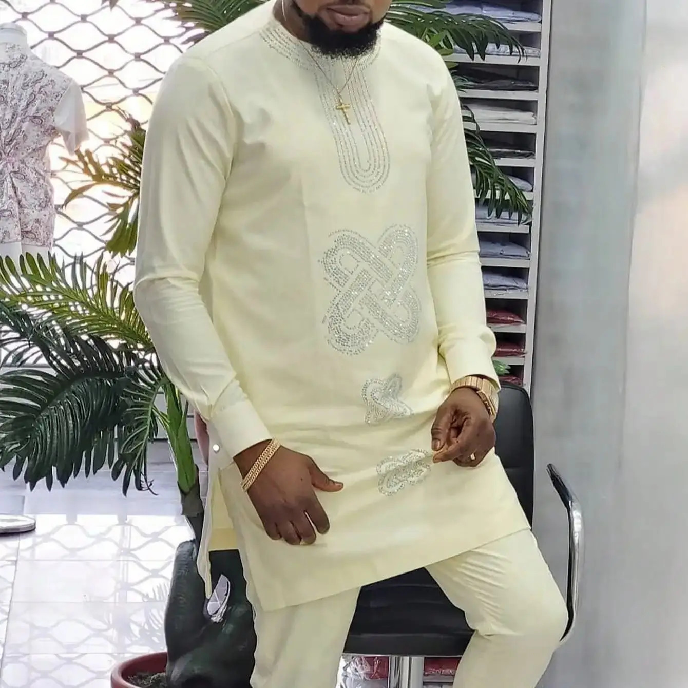 Kaftan African Mens Traditional Suit 2 Piece Long Sleeve Patchwork Top Lounge Pants Suit Holiday Party Mens Suit 250603