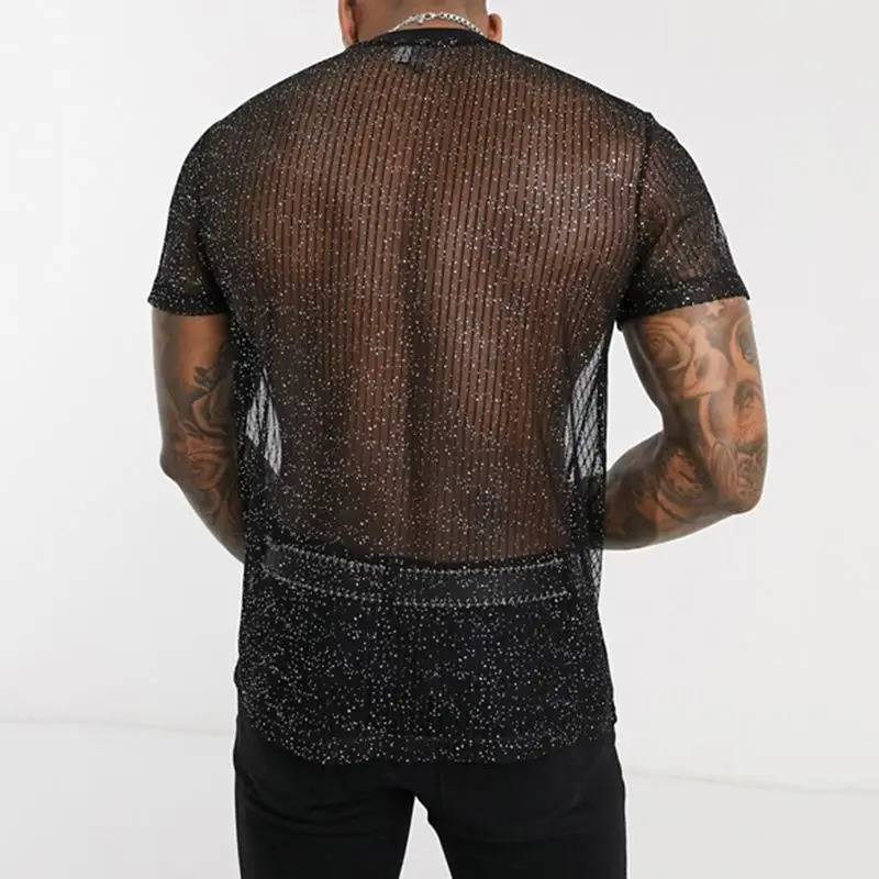 Mens Short Sleeve Mesh T Shirt Sheer Slim Fit Shiny Sexy See-through Party Nightclub Thin Breathable Clothing Leisure Tees 250605