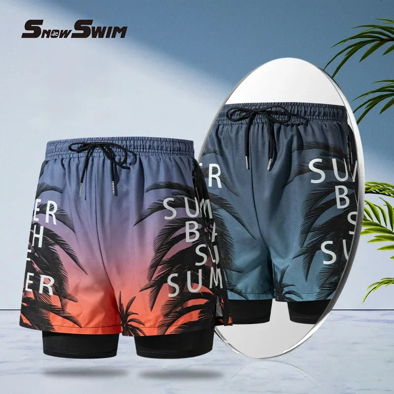 Double-layer Swim Trunks for Men Boxer Shorts Anti-embarrassment Lined with Professional Beach Pants Adult Swim Gear 250530