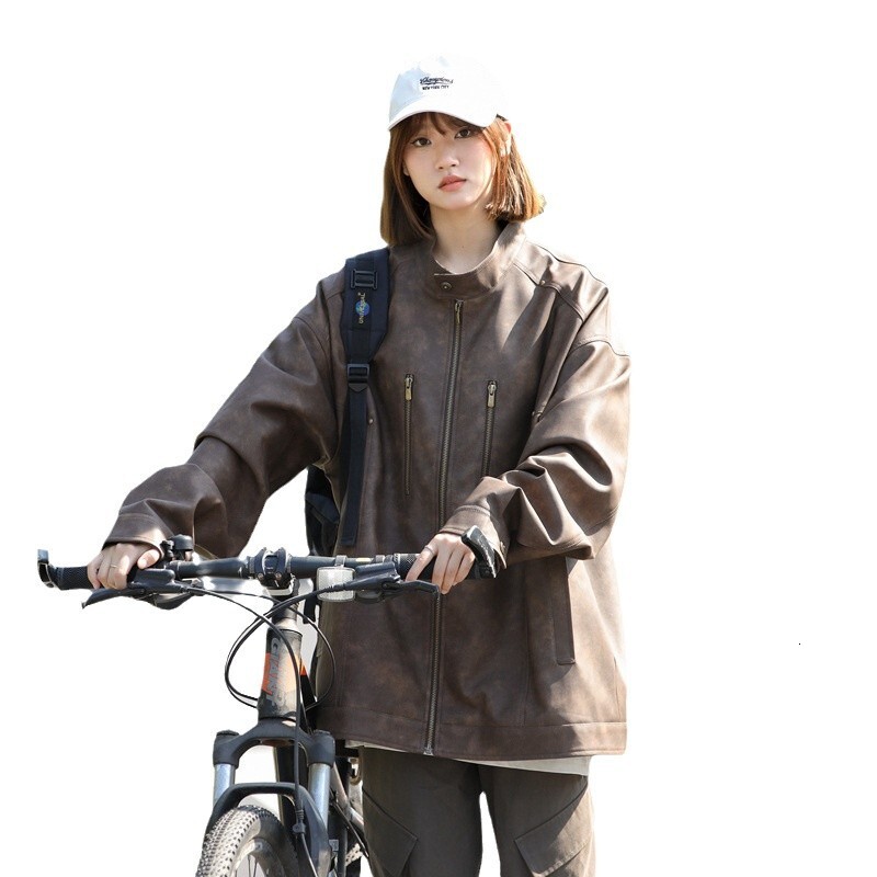 Ddmyoutdoor Couple S Loose PU Leather Jacket Men S Women S Spring Autumn Trendy Brand Handsome And Versatile Casual Jacket Jogging Suit