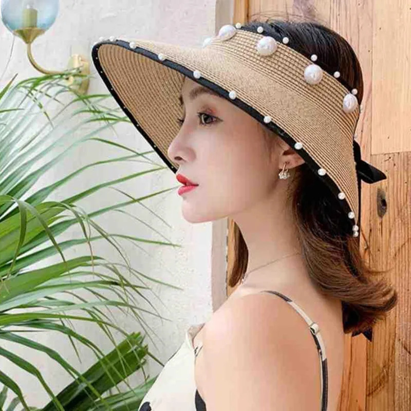 4Color Pearl Foldable Straw Hats For Women Ladie Empty Top Wide Large Brim Visor Cap Adjustable Beach UV Protction Hat 250603