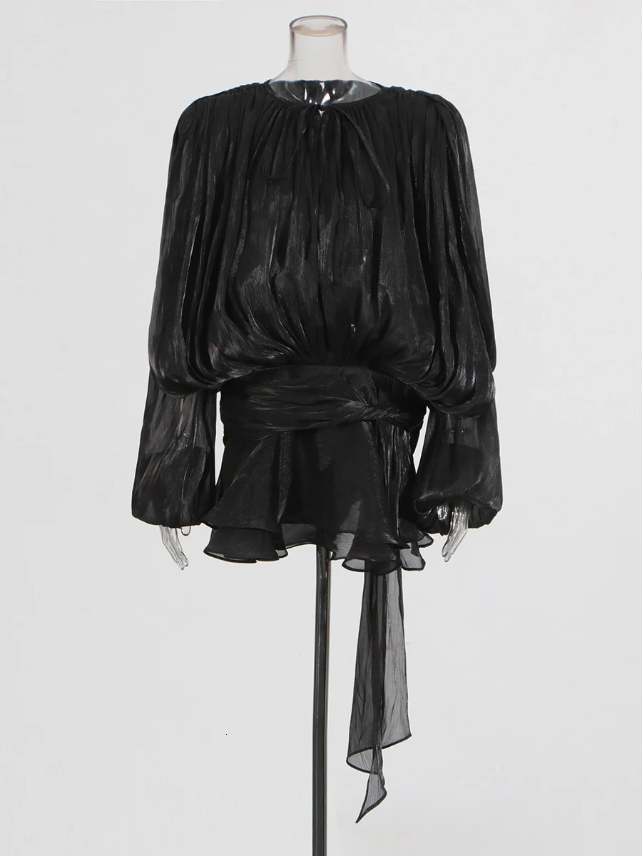 TWOTYLE Elegant Ruched Mini Dress For Women Round Neck Lantern Long Sleeve High Waist Temperament Dresses Female Fashion 250526