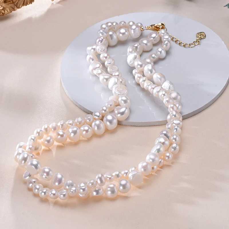 HENGSHENG Baroque Freshwater 5-6mm 8-9mm White Pearl Double Necklace 925 Sterling Silver Trendy Jewelry Gift for Women Girls Y250605