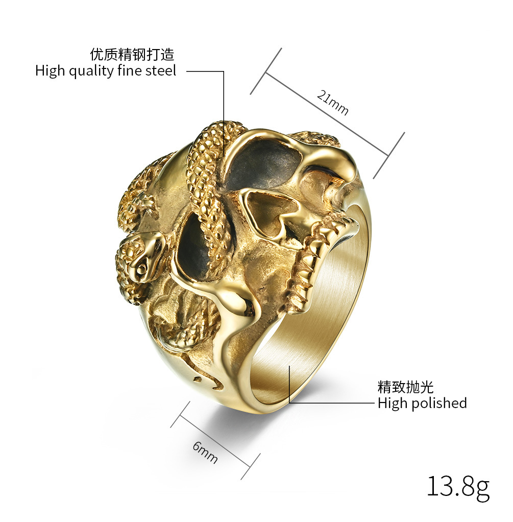 Hip Hop Vintage Stainless Steel Casting Snake Skull Ring Gold Plated Men Jewelry