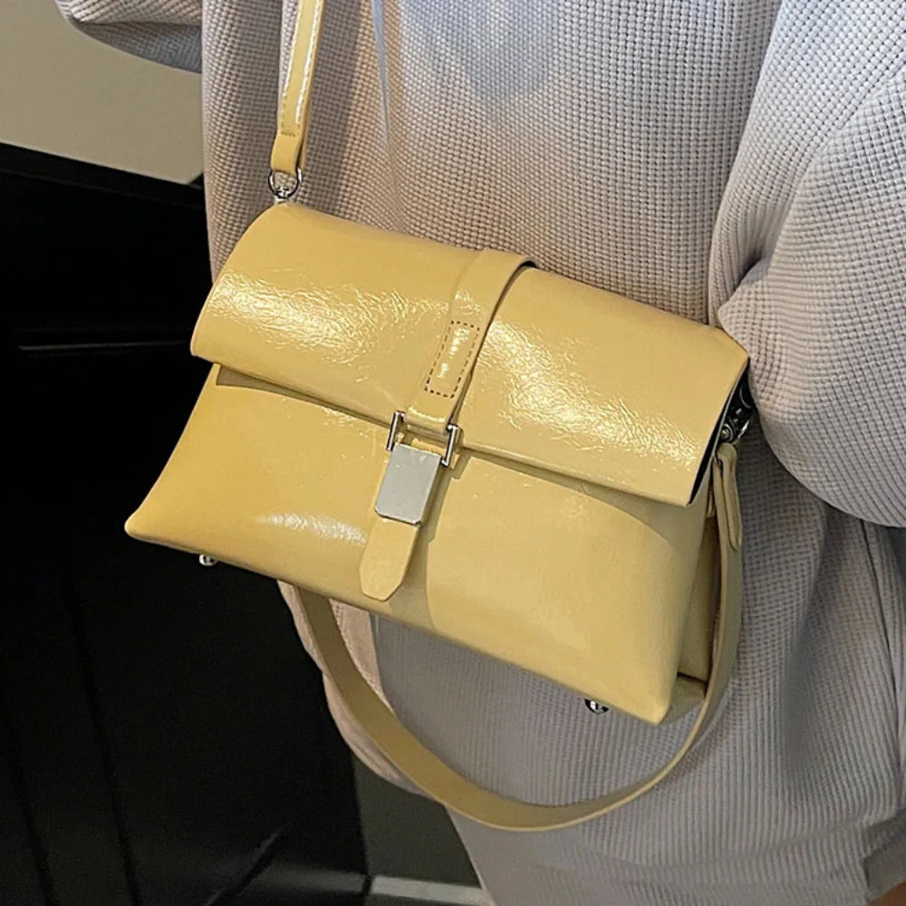 Korean Square Glossy PU Crossbody Bag for Women Delicate Light Buckle Zipper Versatile Shoulder Bags Daily Commute Packs 250605