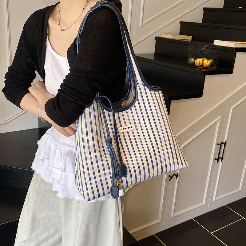 designer Striped Color-Block Tote Bag for Women 2025 New Summer Niche Casual Simple Fashion Handbag Shoulder Underarm Bag