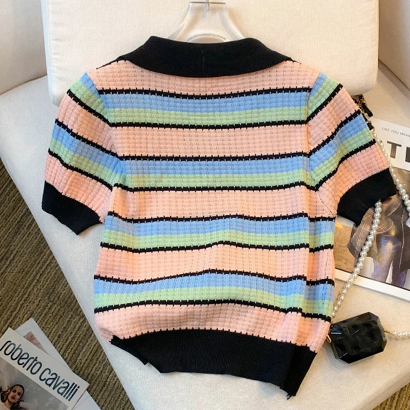 2025 Summer Rainbow Striped TurnDown Collar Lady Thin Sweater Short Sleeve Knitted Pullover Women Fashion Crop Tops Mujer 250530
