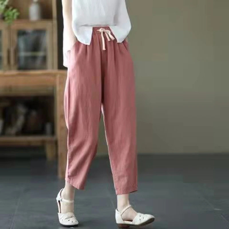 Solid Color Cotton and Linen Pants for Woman Vintage Loose Streetwear Harem Trousers Female Casual High Waist Drawstring Pants 250605