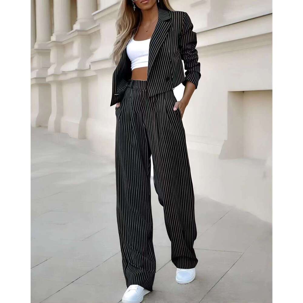 Women's Fashion Elegant Casual Striped Short Lapel Blazer Straight Pants Set B5