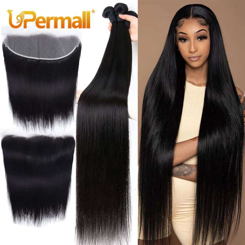 Upermall 2/3/4 Remy Straight Human Hair Bundles With Frontal Brazilian Transparent Pre Plucked 13x4 Lace Closure and Bundle 10A