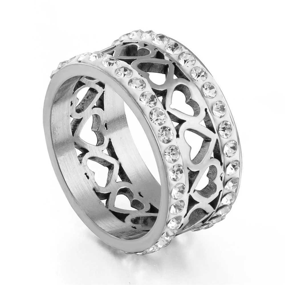 Hip Hop Iced Out Bling CZ Heart Woman Ring Gold Silver Color Stainless Steel Wedding Engagement Rings For Women Men Jewelry 2022 W250606