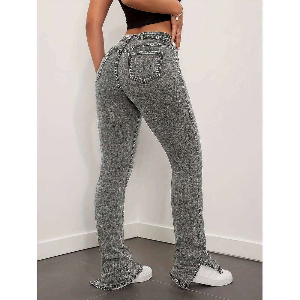 Gray Long Slit Slim Jeans Adjustable Pleats Stacked Personalized Fashion Casual High Waist Stretch Women's Versa