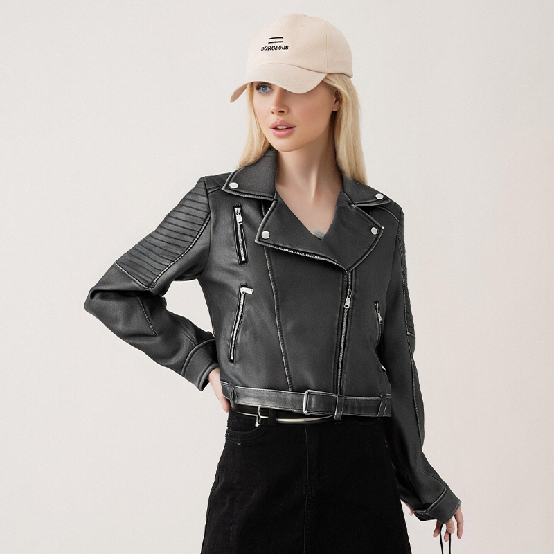 Foreign trade logo cutting design, niche zipper, PU leather jacket, long sleeved jacket, motorcycle short jacket, women's jacket