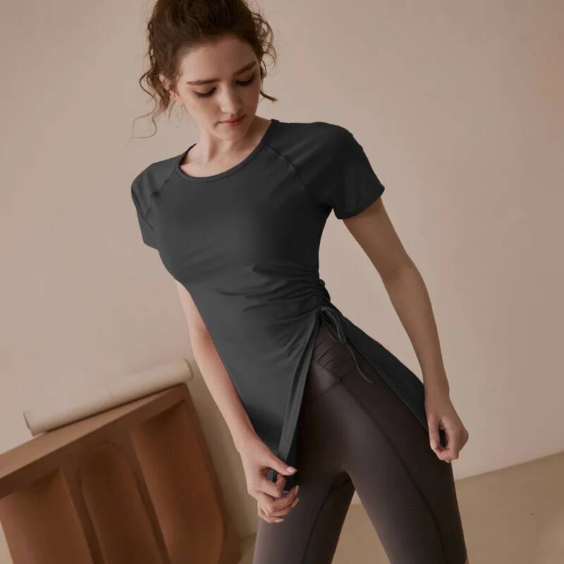 Women Yoga Shirts Short Sleeves Sport T-Shirts Breathable Running Shirt Fiess Side Drawstring Split Gym Top Cover Hips Blouse