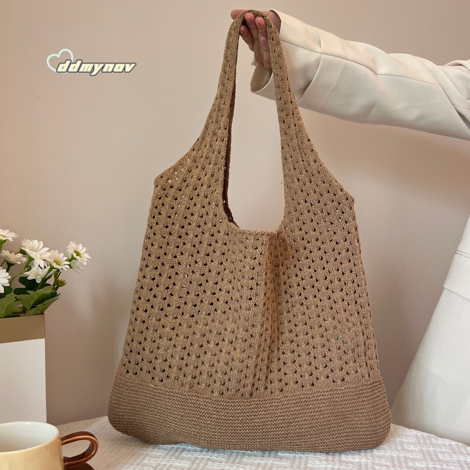 New Knitted Handwoven Tote Shoulder Women's Yarn Handbag Shopping Bag ddmynov