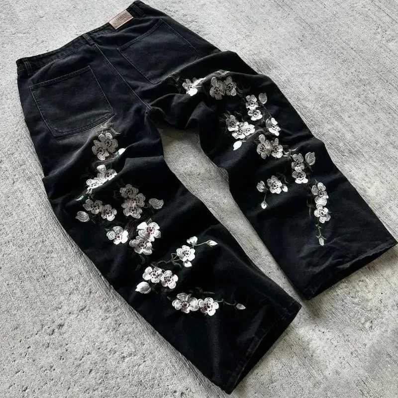 Harajuku Cherry Blossom Embroidery Baggy Jeans Y2K Fashion Jeans Men Women Hip Hop Streetwear Gothic Casual Wide Leg Denim Pants Z250605