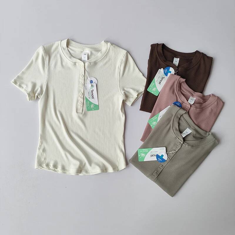 Lanjing Modal Henry Shirt Yoga Sport Top for Women Slim Breathable Fiess Spring and Summer Short Sleeve Clothing