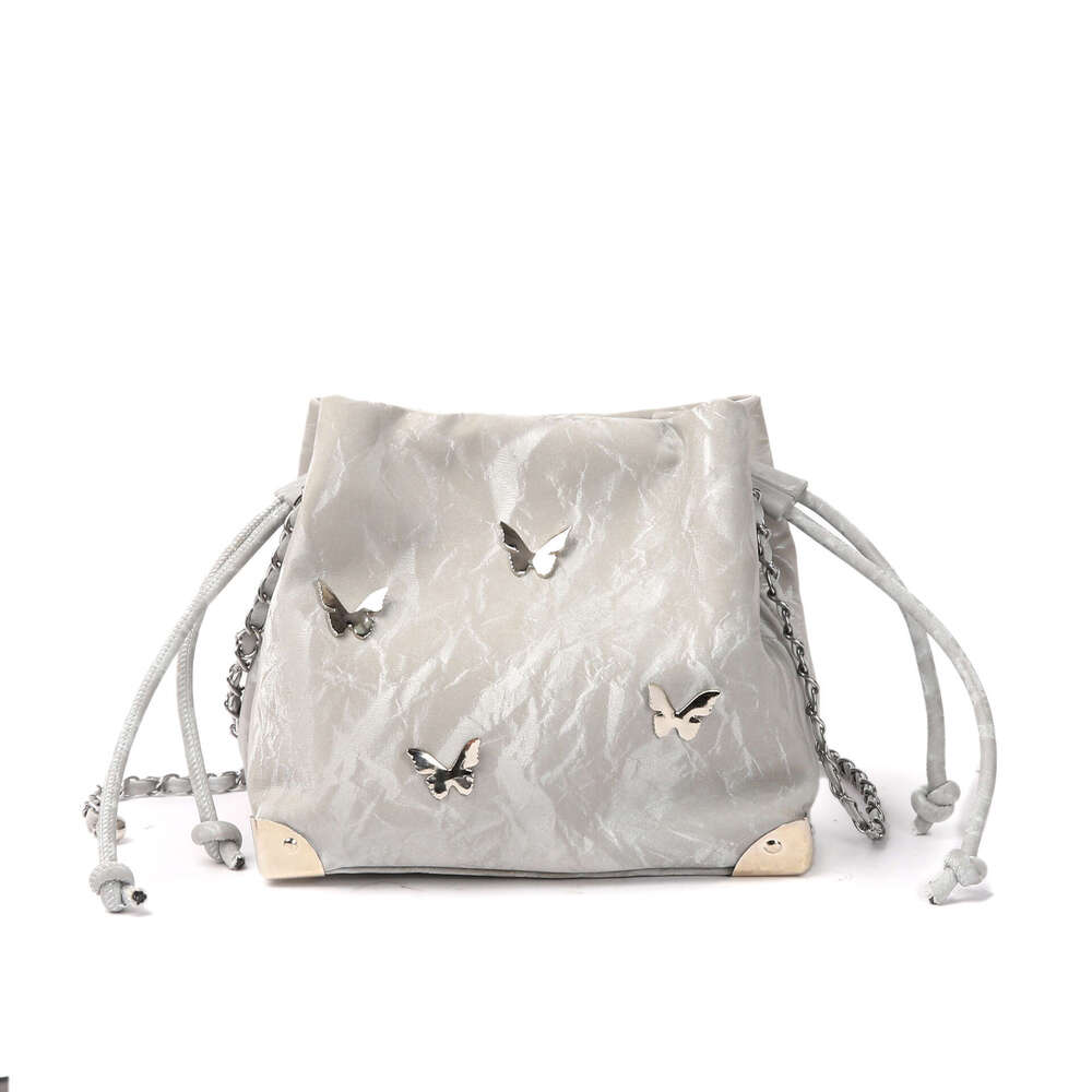 Butterfly Chain Bucket Simple Fashion Drawstring Wrinkle Texture Stylish Niche Women's Shoulder Bag 8513#