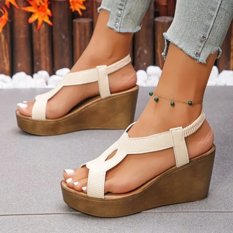 Wedge Sandals for Women Summer 2025 Comfortable Non Slip Beach Shoes Woman PU Leather Platform Roman Sandalias Mujer 250605