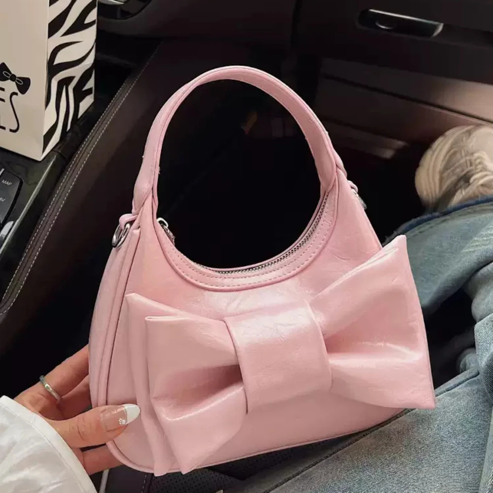 Summer Cute Bow Handbags Women Korean Solid Color Glossy PU Texture Crossbody Bag Delicate All-Match Commute One Shoulder Bags 250605