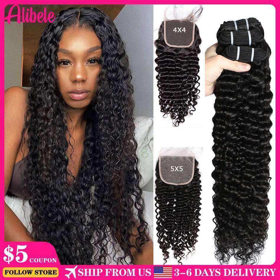 5x5 HD Brazilian Deep Wave Curly Hair With 4x4 Lace Closure Remy HumanHair Bundles WithClosure