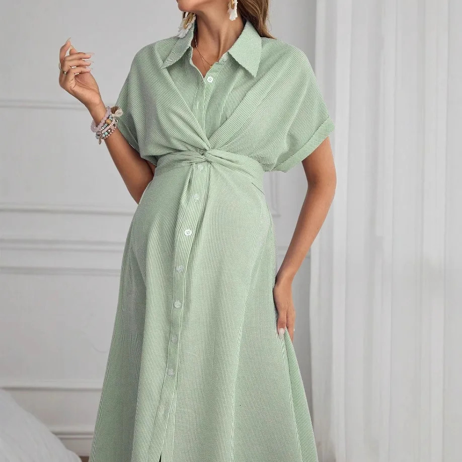 Summer Dress for Pregnant Women Striped Clothing Short-sleeved Button Maternity Dress Fashionable Casual Shirt Pregnancy Clothes 250530