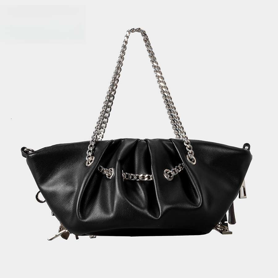Punk Style Personality Hot Girl Black Wrinkled Cloud Dumpling PU Shoulder Crossbody Chain Bag for Women - view 3