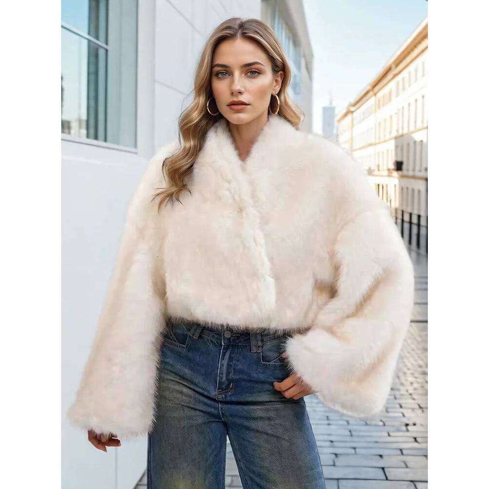 DEAT Fashion Women's Faux Coat V-neck Long Sleeve Loose Thick Imitation Mink Fur Grass Short Jacket Winter 2024 New 7AB5096