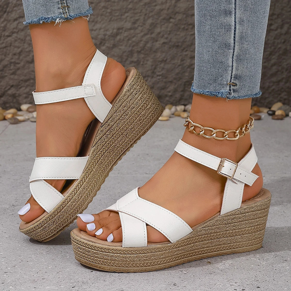 Womens White Chunky Platform Sandals Summer 2024 Buckle Strap Wedge Sandals for Woman Thick Sole Non Slip Beach Sandalias Mujer 250605
