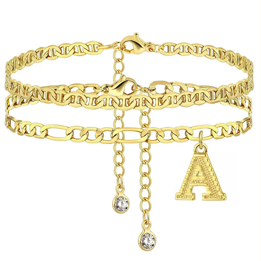 2Pcs Stainless Steel Initial Anklet Set For Women 26 Letter Gold Color Chain On Foot Summer Ankle Bracelet Jewelry Accessories 250528