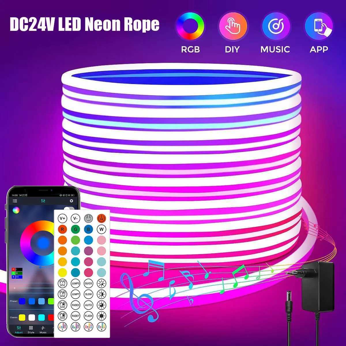Neon LED Lights Strip 24V RGB Neon Flexible Tape Control With Bluetooth App 15M 10M 20M 30 Meters Childrens Room LED Wall Light Z250605