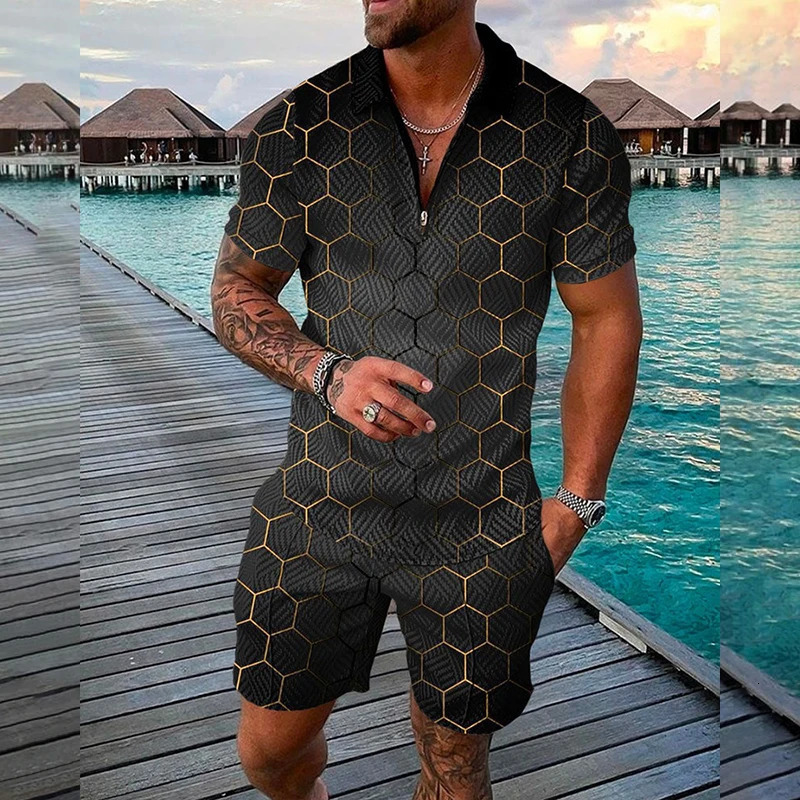 Funny 3D Print Mens Sets Fashion Polo ShirtShorts 2 Piece Outfit Fashion Zipper Short Sleeve Shirts Summer Hip Hop Streetwear 250605